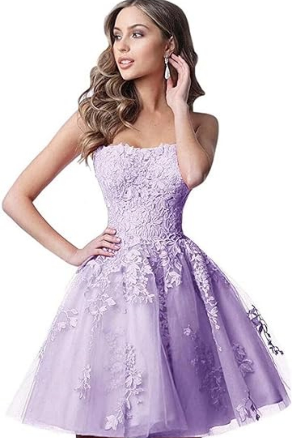 Fashionable Short Strapless A-Line Lace Tulle Prom Dresses