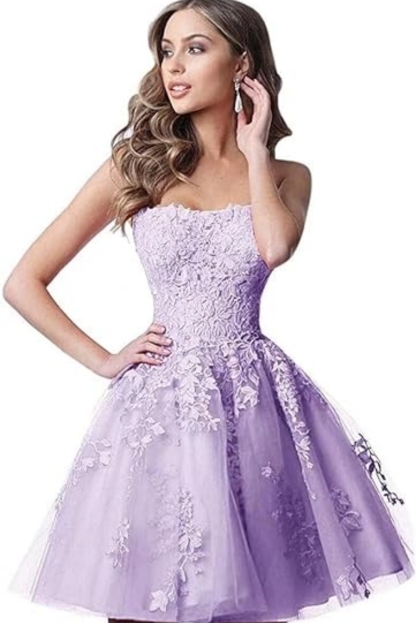 Fashionable Short Strapless A-Line Lace Tulle Prom Dresses