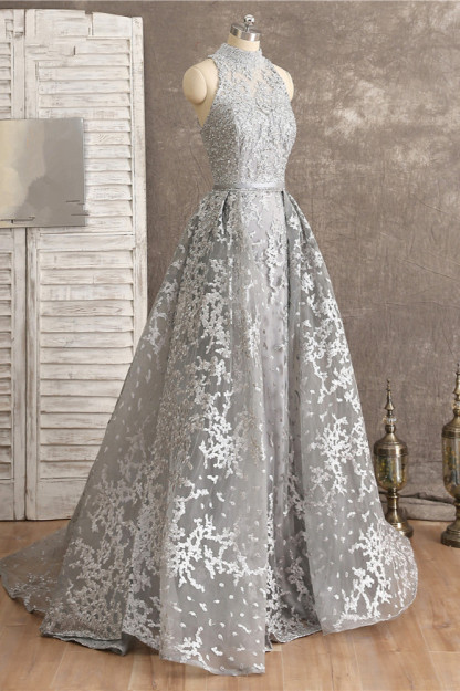 BMbridal Gorgeous High-Neck Tulle Lace Prom Dresses Sleeveless Appliques Rhinestones Formal Party Dresses On Sale-BMbridal