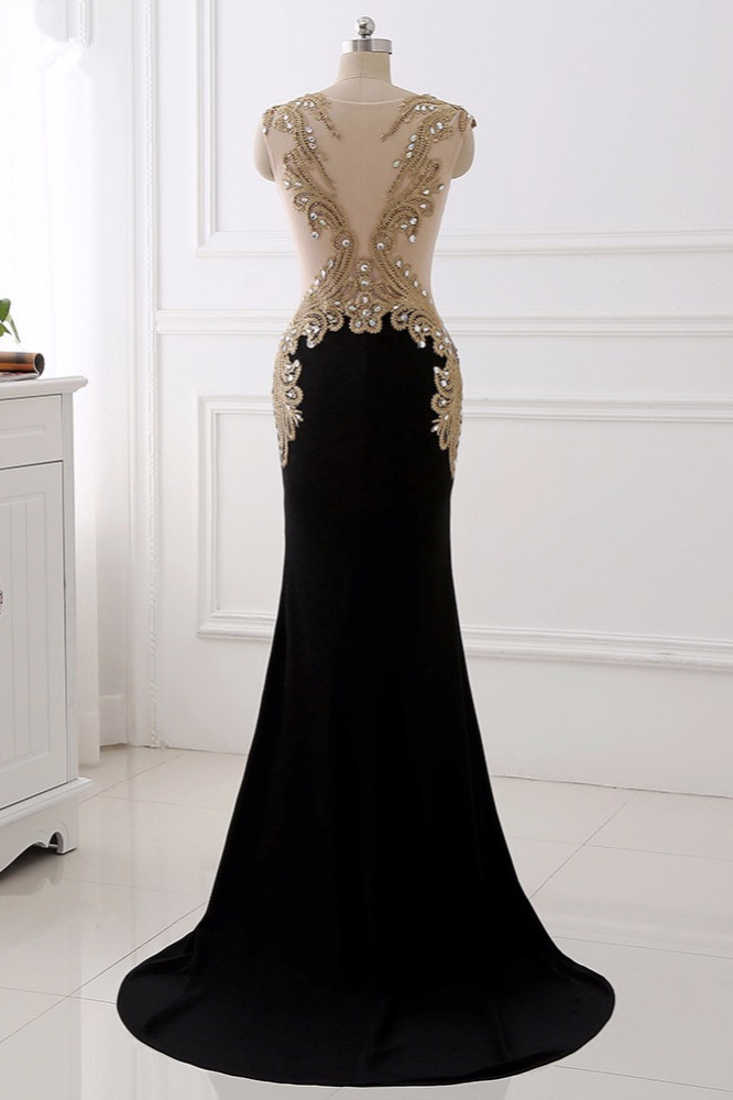 BMbridal Affordabe V-Neck Sleeveless Mermaid Prom Dresses Gold Appliques with Crystals