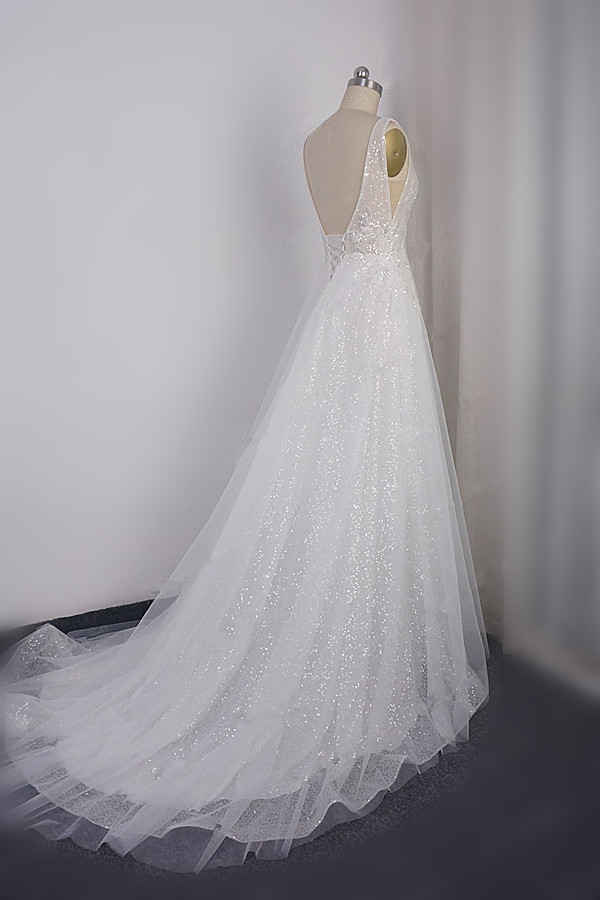BMbridal Sparkly Sequined V-Neck Wedding Dress Tulle Sleeveless Beadings Bridal Gowns On Sale-BMbridal