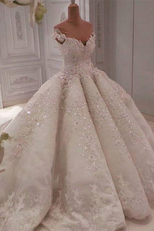 BMbridal Gorgeous White A-line Ruffles Wedding Dresses With Appliques V-neck Lace Bridal Gowns On Sale-BMbridal