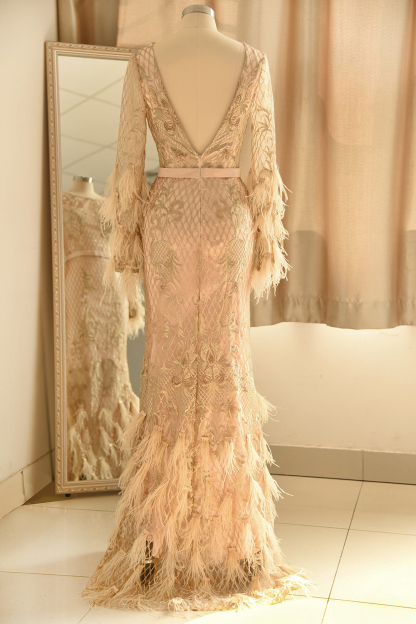 BMbridal Glamorous Jewel Lace Appliques Prom Dresses Long Sleeves Mermaid Formal Dresses with Fur