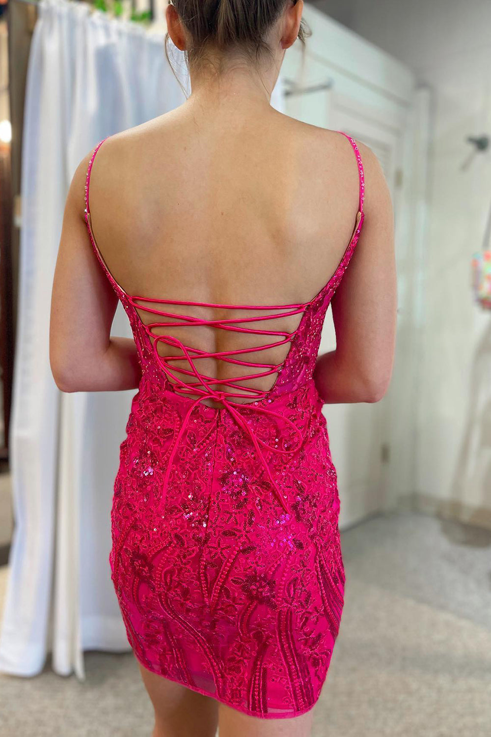 Sparkly Fuchsia Sequined Lace Tight Short Homecoming Dress-BMbridal