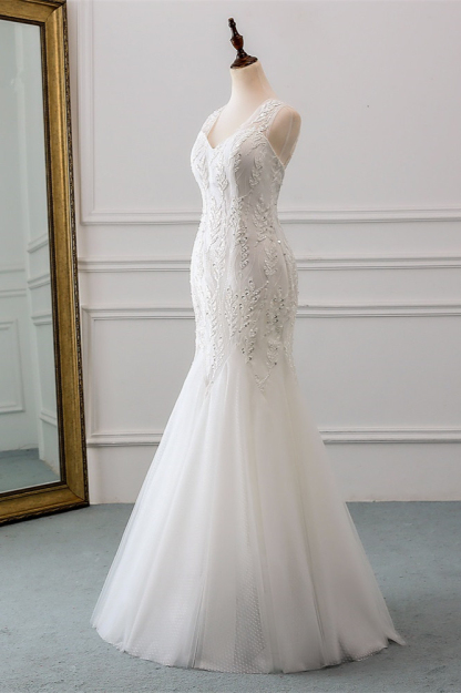 BMbridal Affordable V-Neck Appliques Mermaid Wedding Dresses with Beadings Online