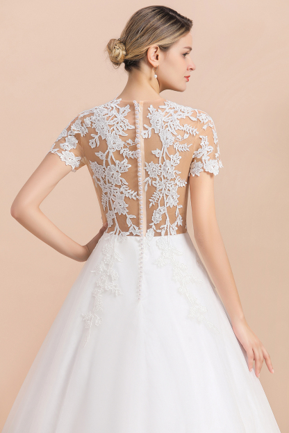 BMbridal Sexy See Through Tulle Appliques Short Sleeves Wedding Dress