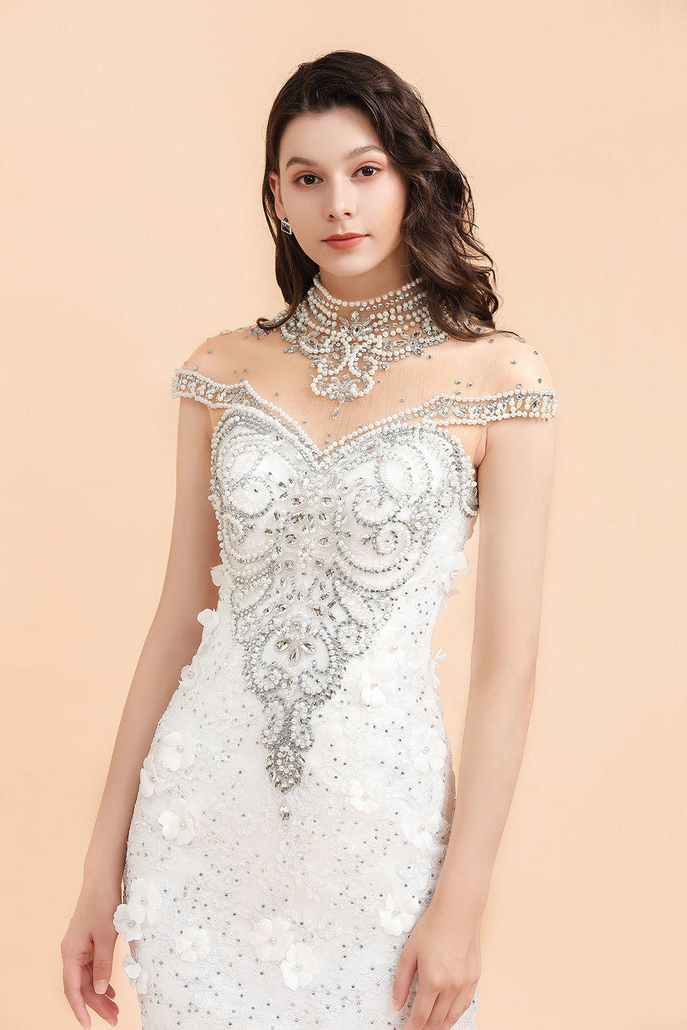 BMbridal Luxury Mermaid Wedding Dress Tulle Lace Sequins Sleeveless Bridal Gowns with Pearls-BMbridal