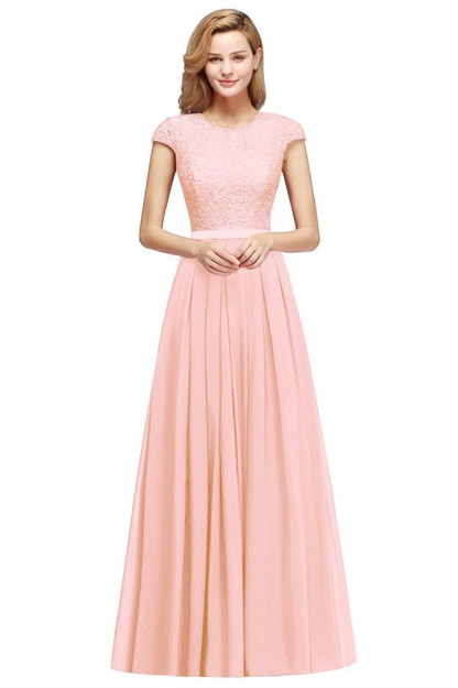BMbridal A-line Jewel Short Sleeves Chiffon Lace Bridesmaid Dress