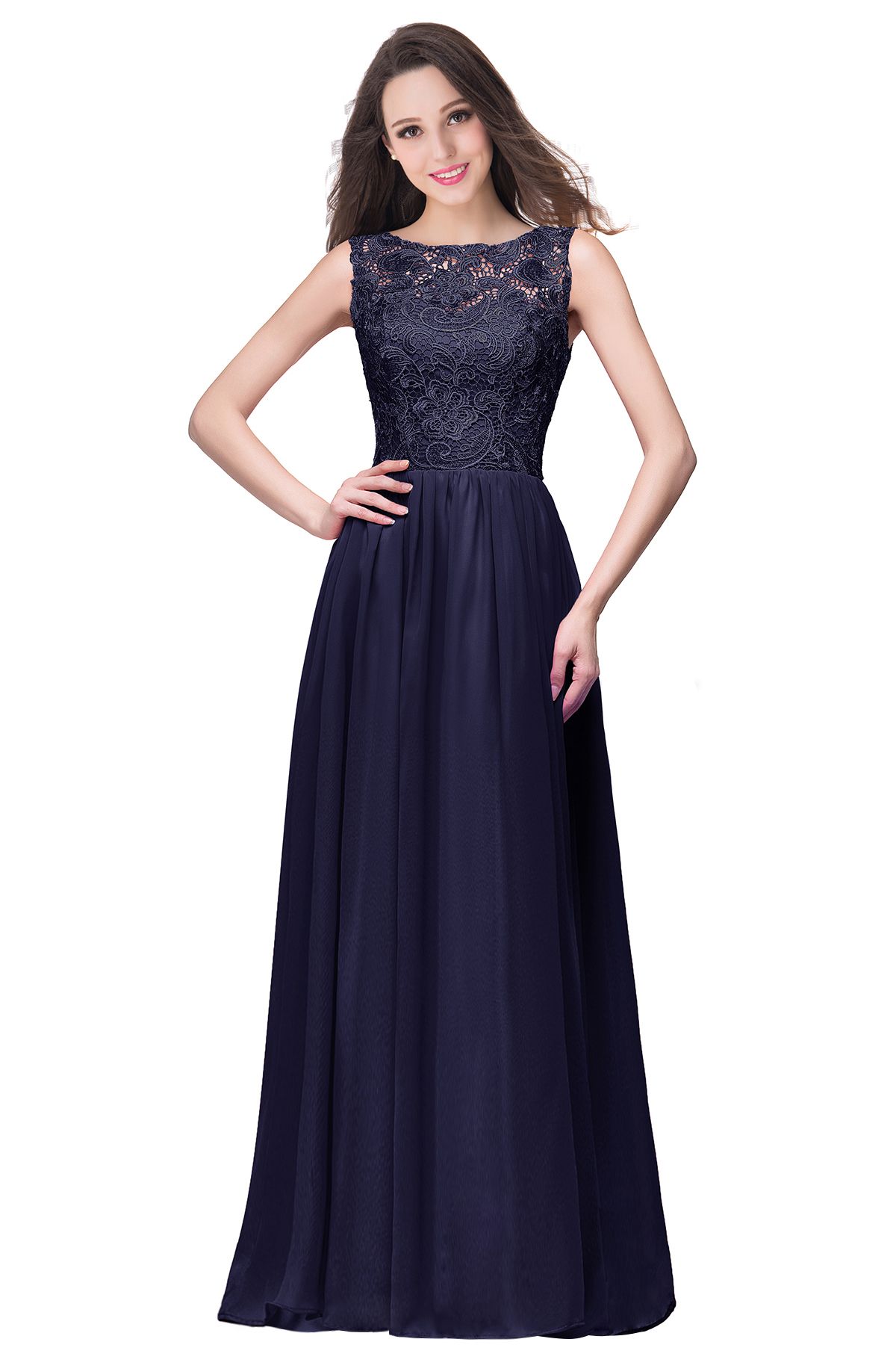 BMbridal Affordable A-line Chiffon Crew Lace Navy Long Bridesmaid Dresses In Stock