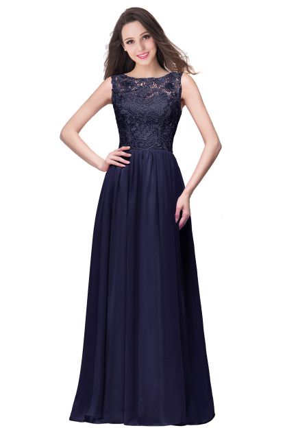 BMbridal Affordable A-line Chiffon Crew Lace Navy Long Bridesmaid Dresses In Stock