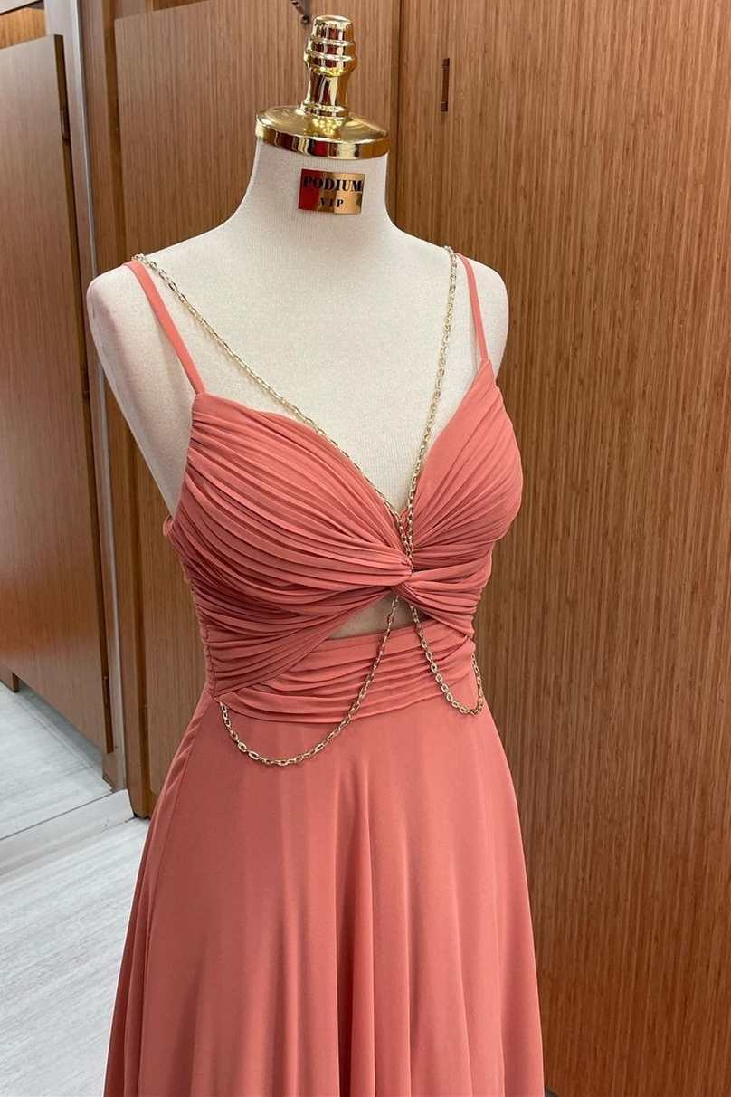 Elegant Spaghetti-Straps Sleeveless Chiffon Prom Dress A-Line With Pleats