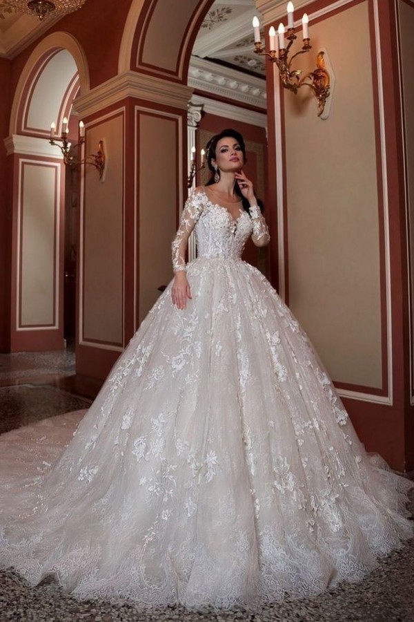 Amazing Bateau Long Sleeves Beading Train Wedding Dress with A-Line Appliques Lace