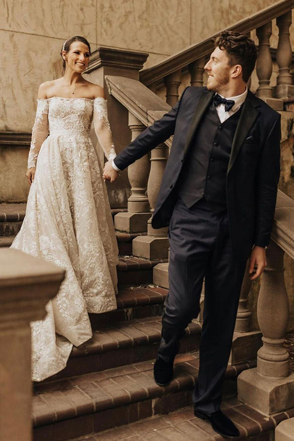 Chic A Line Off the Shoulder Long Sleeve Wedding Dress with Bow Lace