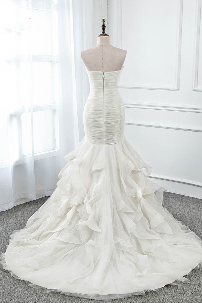 BMbridal Chic Strapless Sweetheart Ivory Wedding Dresses Ruffles Tulle Sleeveless Bridal Gowns with Feather-BMbridal