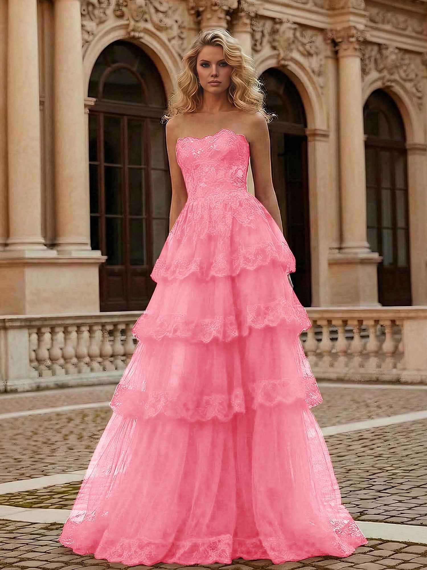 Red Tiered Tulle Strapless Lace Bodice A-Line Long Prom Dress