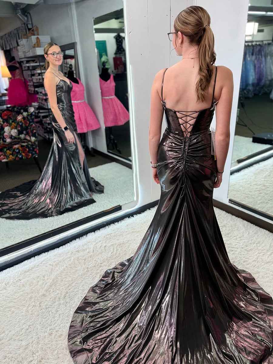 Sleek Liquid Metallic Corset Prom Dress with High Slit