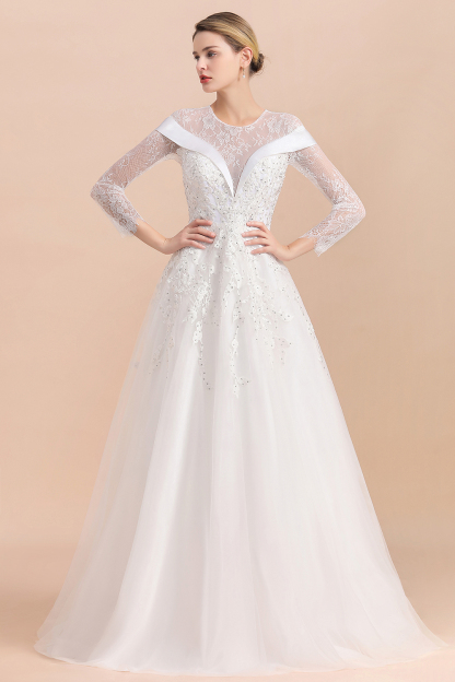 BMbridal Gorgeous Long Sleeve Lace Wedding Dress Online Appliques Bridal Gowns With Beadings