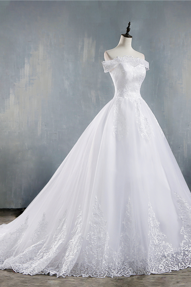 BMbridal Gorgeous Off-the-Shoulder White Tulle Wedding Dress Lace Appliques Bridal Gowns On Sale