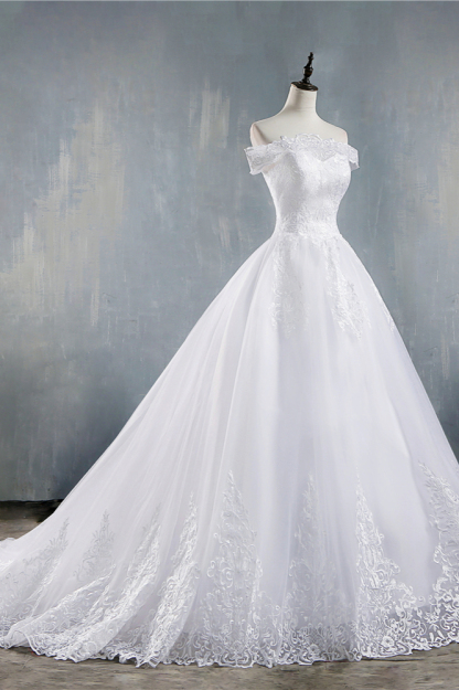 BMbridal Gorgeous Off-the-Shoulder White Tulle Wedding Dress Lace Appliques Bridal Gowns On Sale