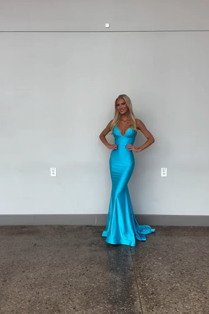 Elegant Blue Satin Spaghetti Straps Backless Deep V-Neck Long Mermaid Prom Dress