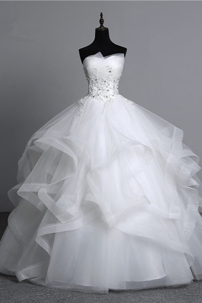 Gorgeous Strapless Tulle Layers Long Ball Gown Wedding Dress with Appliques Beadings