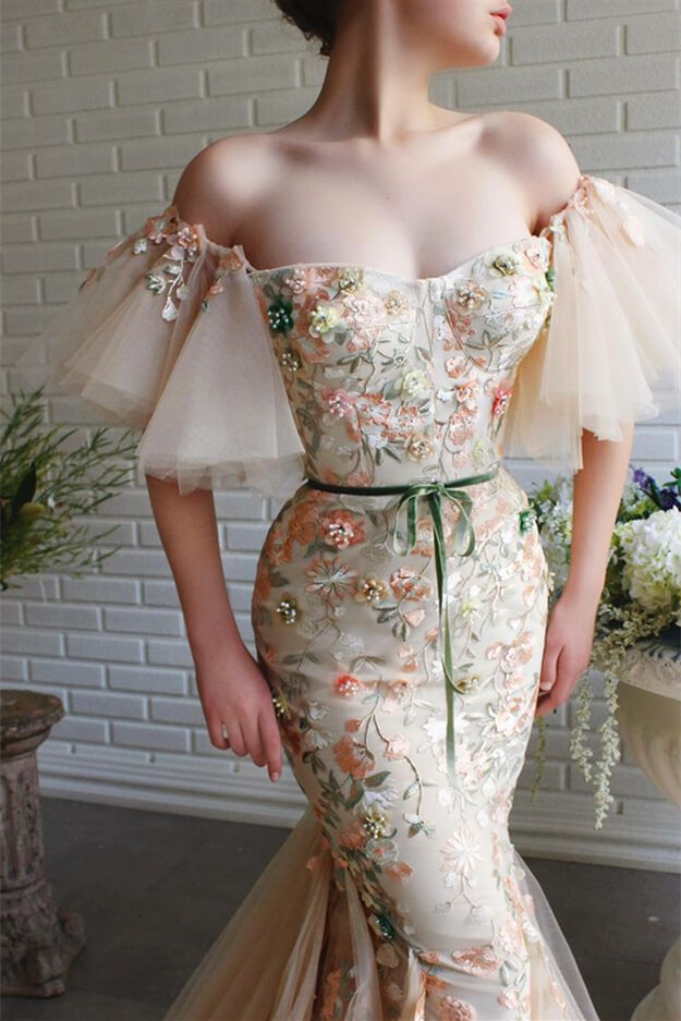Bmbridal Mermiad Sweetheart Short Sleeves Prom Dress with Appliques