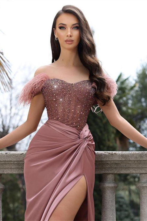 Elegant Mermaid Off-the-shoulder Cap Sleeve Rhinestone Chiffon Prom Dress With Splites