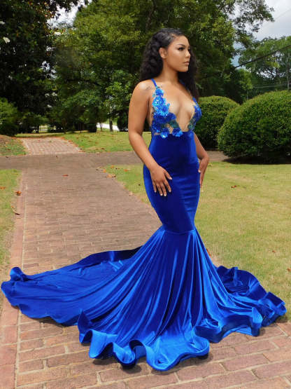 Bmbridal Royal Blue Prom Dress V-Neck Mermaid Velvet With Appliques