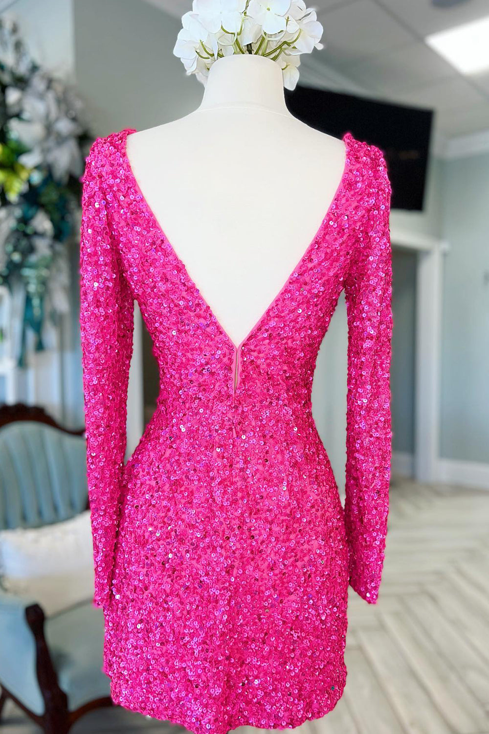 Sparkly Fuchsia Long Sleeves Sequin Tight Short Homecoming Dress-BMbridal