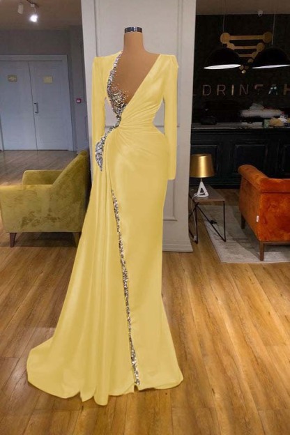 Charming Long Sleeves Yellow Split Long Prom Dress With Beadings Sequins