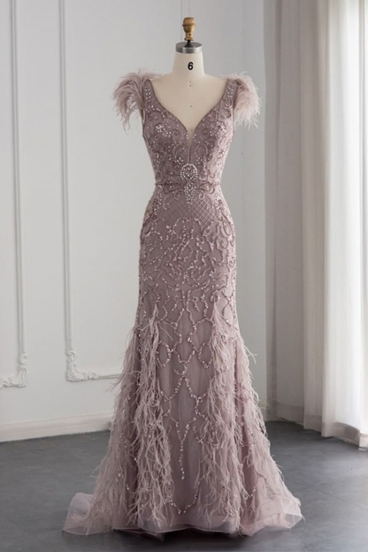 Bmbridal A-Line Taupe V-Neck Tulle Cap Sleeves Prom Dresses with Appliques