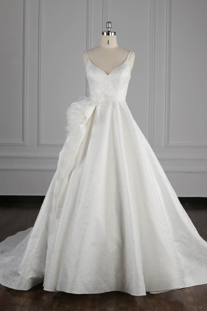 BMbridal Chic Spaghetti Straps V-neck Wedding Dress Satin Appliques Bow Bridal Gowns Online-BMbridal