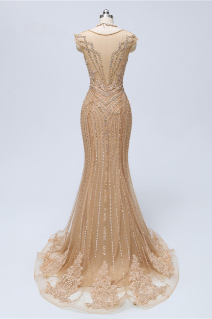 BMbridal Chic V-Neck Sleeveless Mermaid Prom Dresses with Appliques Beadings