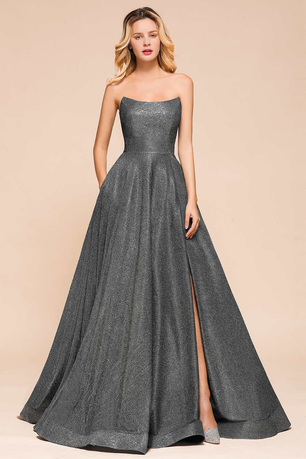 BMbridal Shinning Strapless Long Prom Dress Lace-up Evening Gowns With Split