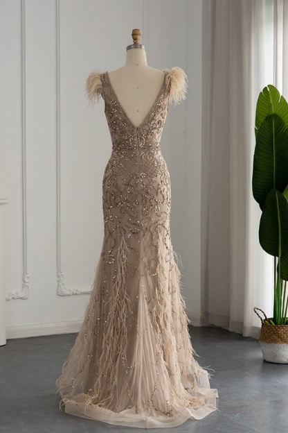 Bmbridal A-Line Taupe V-Neck Tulle Cap Sleeves Prom Dresses with Appliques