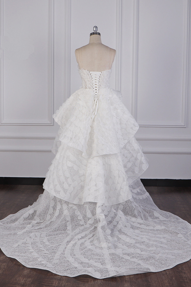 BMbridal Chic Hi-Lo Strapless Tulle Wedding Dress Appliques Sleeveless Bridal Gowns Online-BMbridal