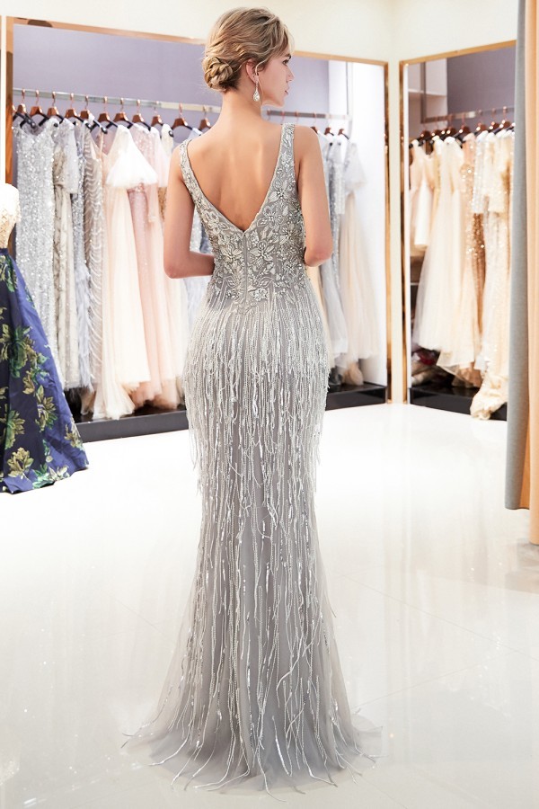 BMbridal Silver Mermaid Long Sequins Prom Dress Appliques