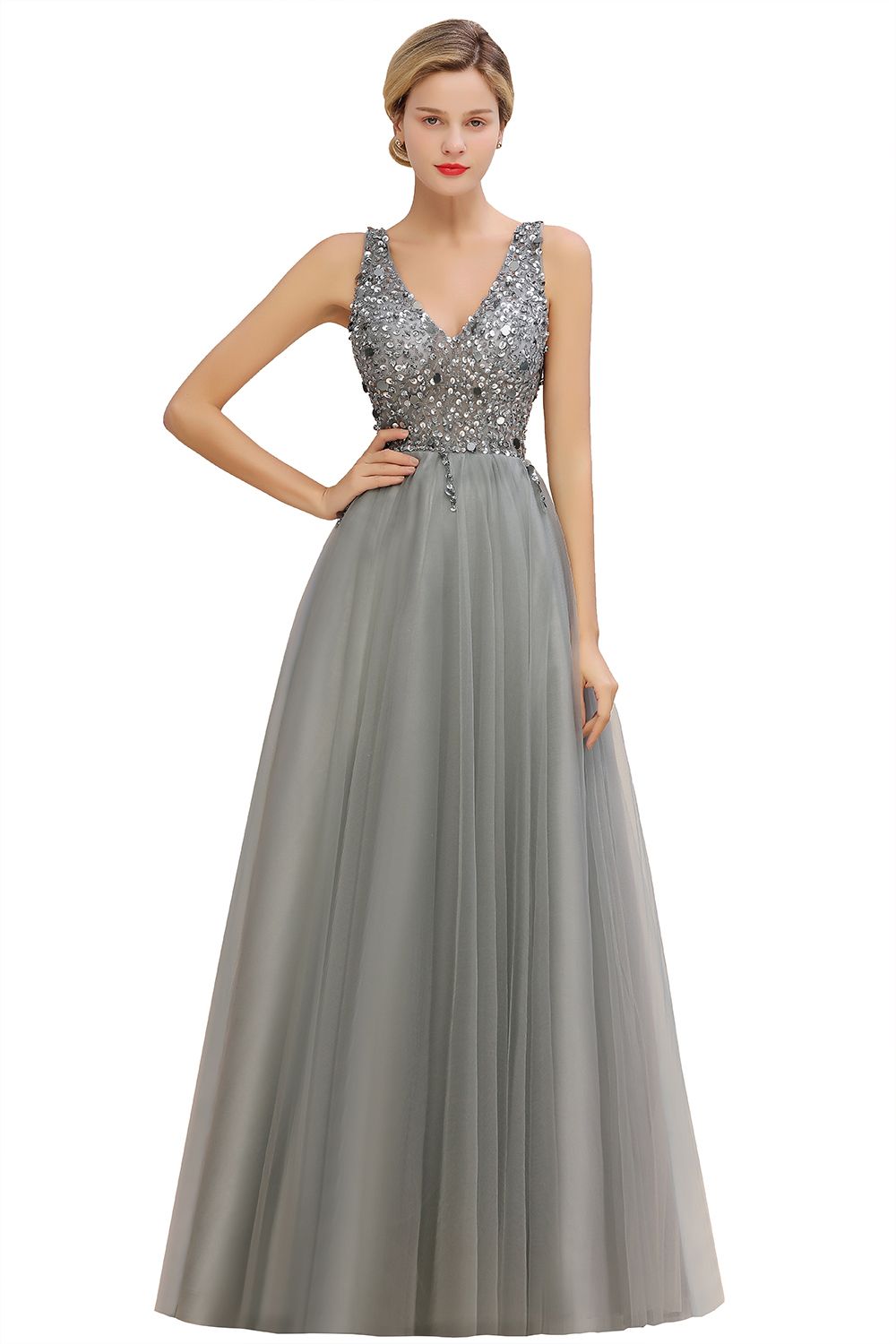 BMbridal Glamorous V-Neck Sleeveless Prom Dress Long Tulle Evening Gowns With Crystals