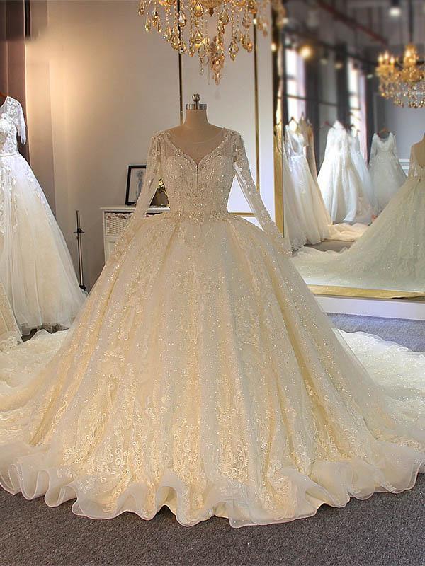 BMbridal Long Sleeves Ball Gown Wedding Dress With Lace Appliques-BMbridal