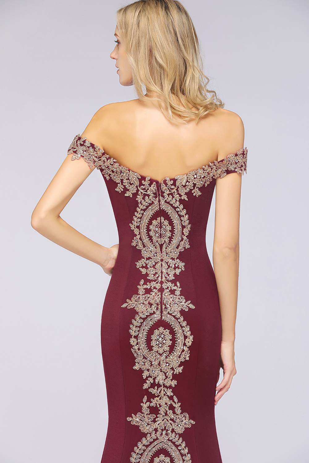 BMbridal Elegant Off-the-Shoulder Mermaid Prom Dress Long With Lace Appliques