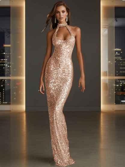 Glamorous Gold Sequin Halter Neck Mermaid Long Prom Dress