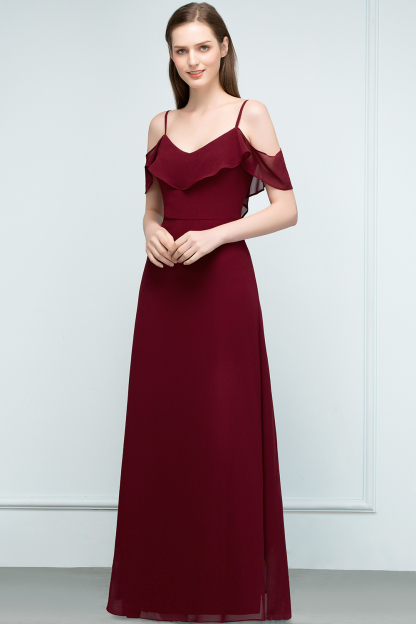 BMbridal Affordable A-line Chiffon Off-the-Shoulder V-neck Long Bridesmaid Dress In Stock