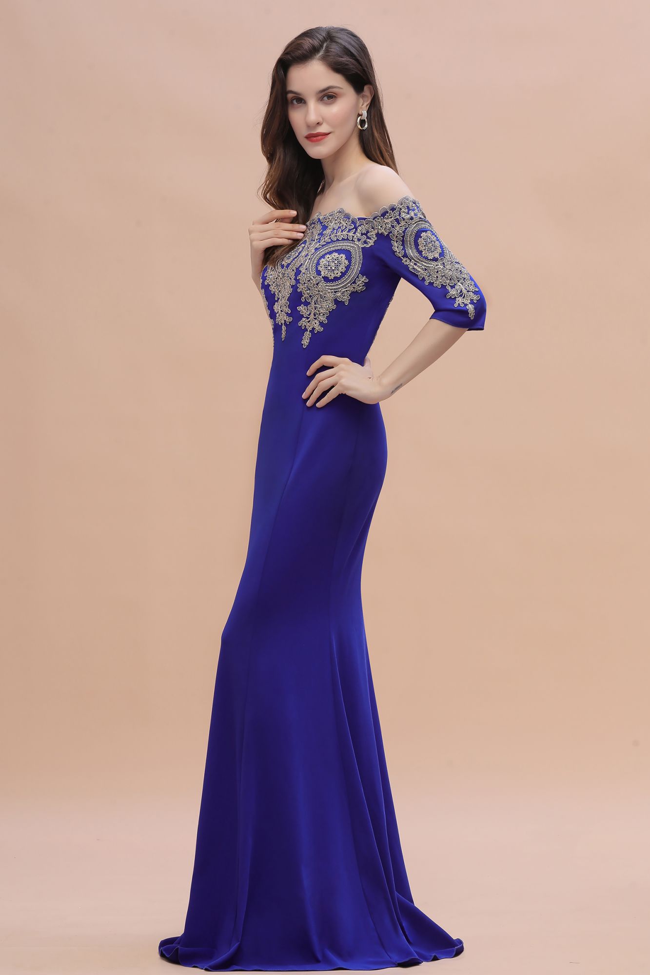 BMbridal Mermaid Off-Shoulder Chiffon Lace Half Sleeve Evening Dress