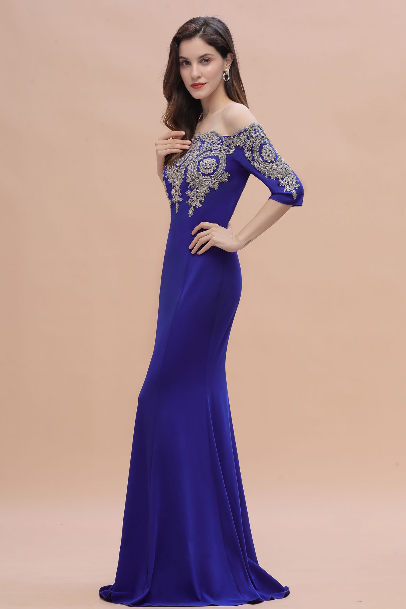 BMbridal Mermaid Off-Shoulder Chiffon Lace Half Sleeve Evening Dress