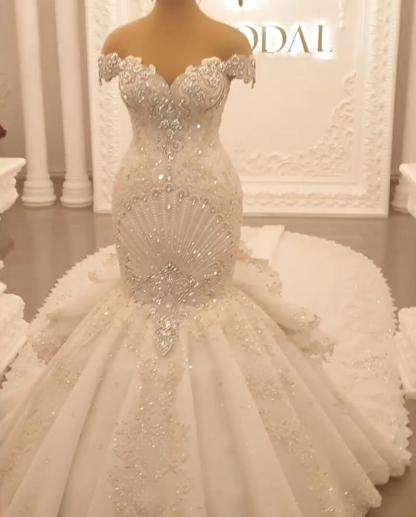 Gorgeous Floor-Length Backless Mermaid Off-The-Shoulder Wedding Dress with Crystal