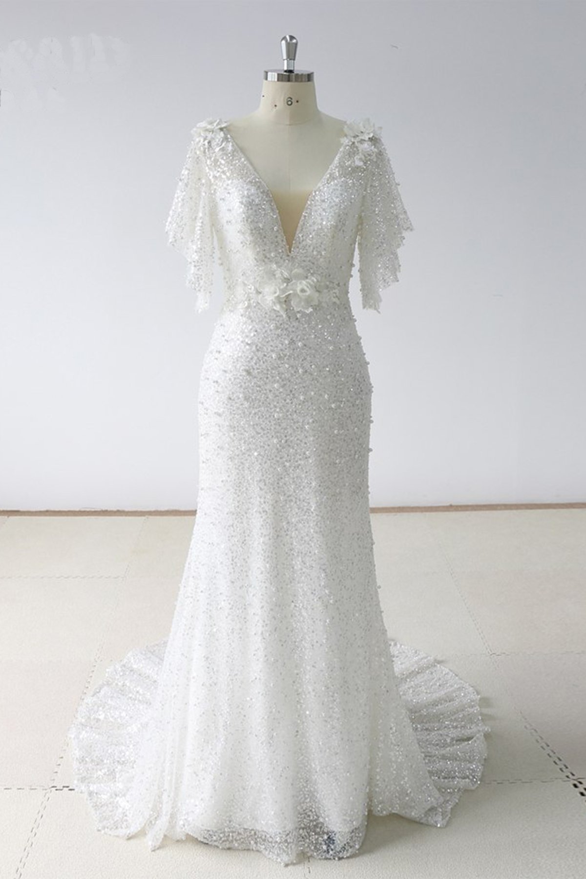 BMbridal Elegant Stunning Sequins White Tulle Wedding Dress Sweep Train Mermaid Short Sleeve Bridal Gowns On Sale-BMbridal
