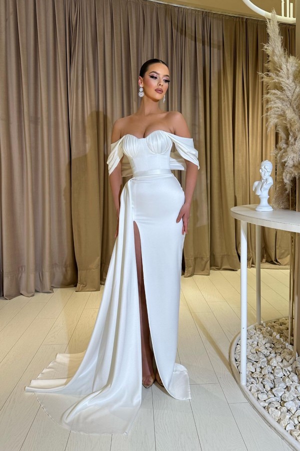 Bmbridal Off-the-Shoulder White Prom Dress Mermaid Slit