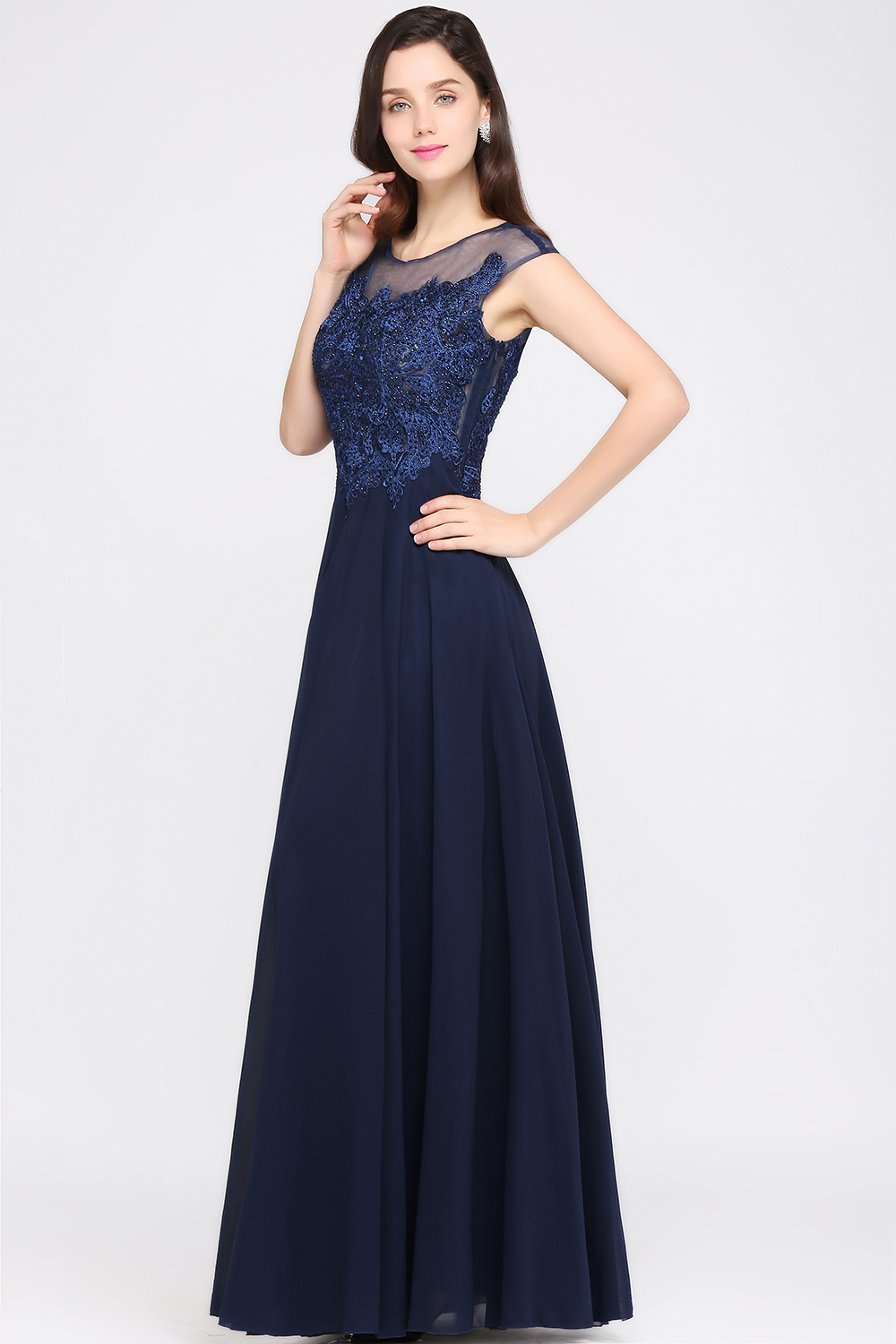 BMbridal Cap Sleeve Lace Appliques Long Chiffon Evening Dress