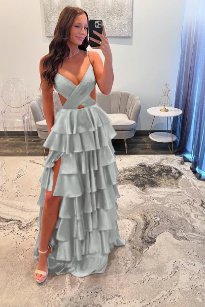 Spaghetti Strap Sleeveless Long Split Prom Dress With Ruffles
