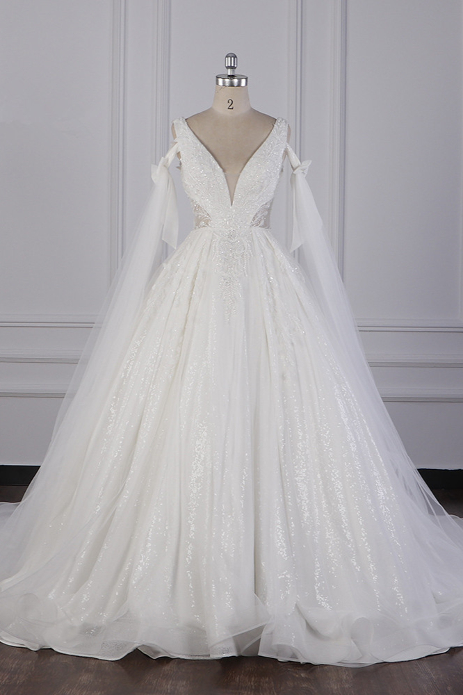 BMbridal Luxury V-Neck Beadings Wedding Dress Tulle Sleeveless Sequined Bridal Gowns On Sale-BMbridal